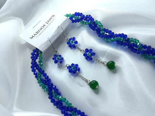 Blue & Green Crystals Layered Necklace And Earrings Set