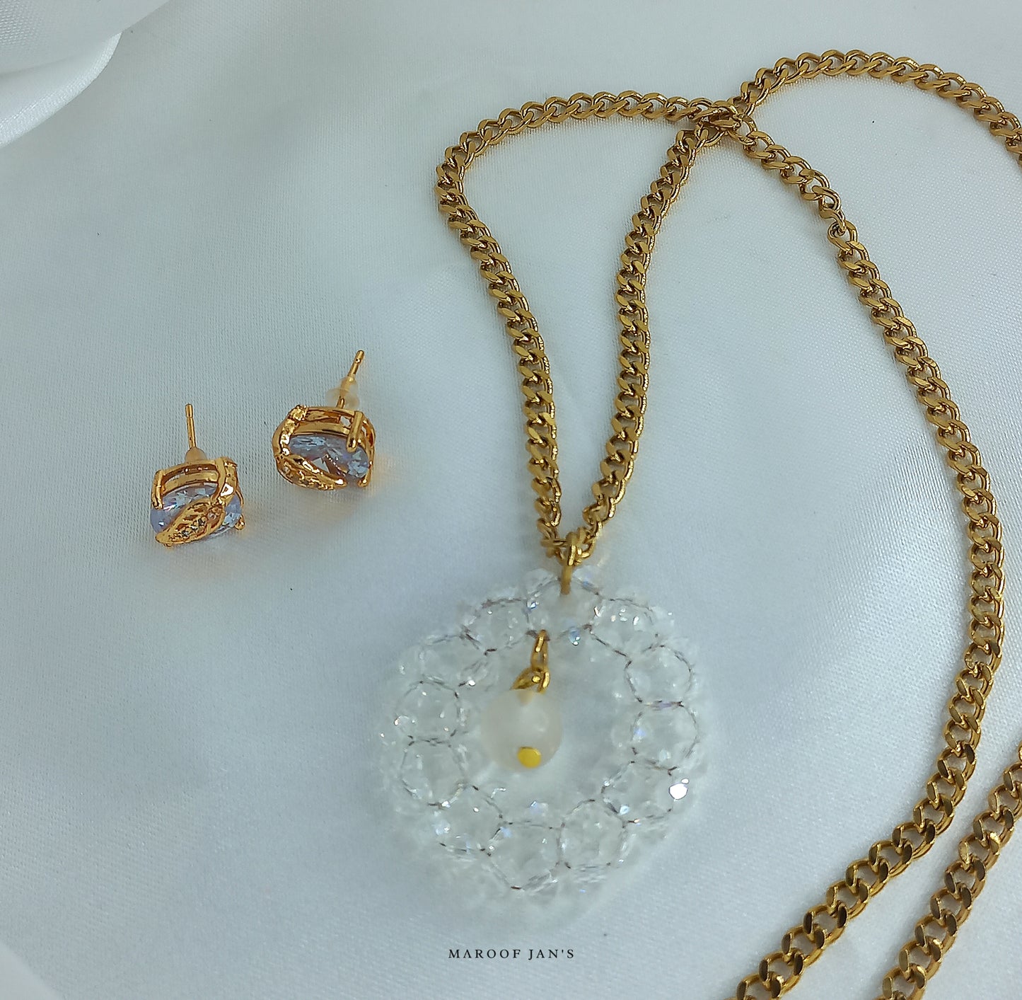 Stainless Steel Golden Chain With Transparent Crystal Pendant And Matching Studs